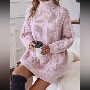 SHEIN Turtleneck Cable Knit Sweater Dress Pink Sz L (oversized)